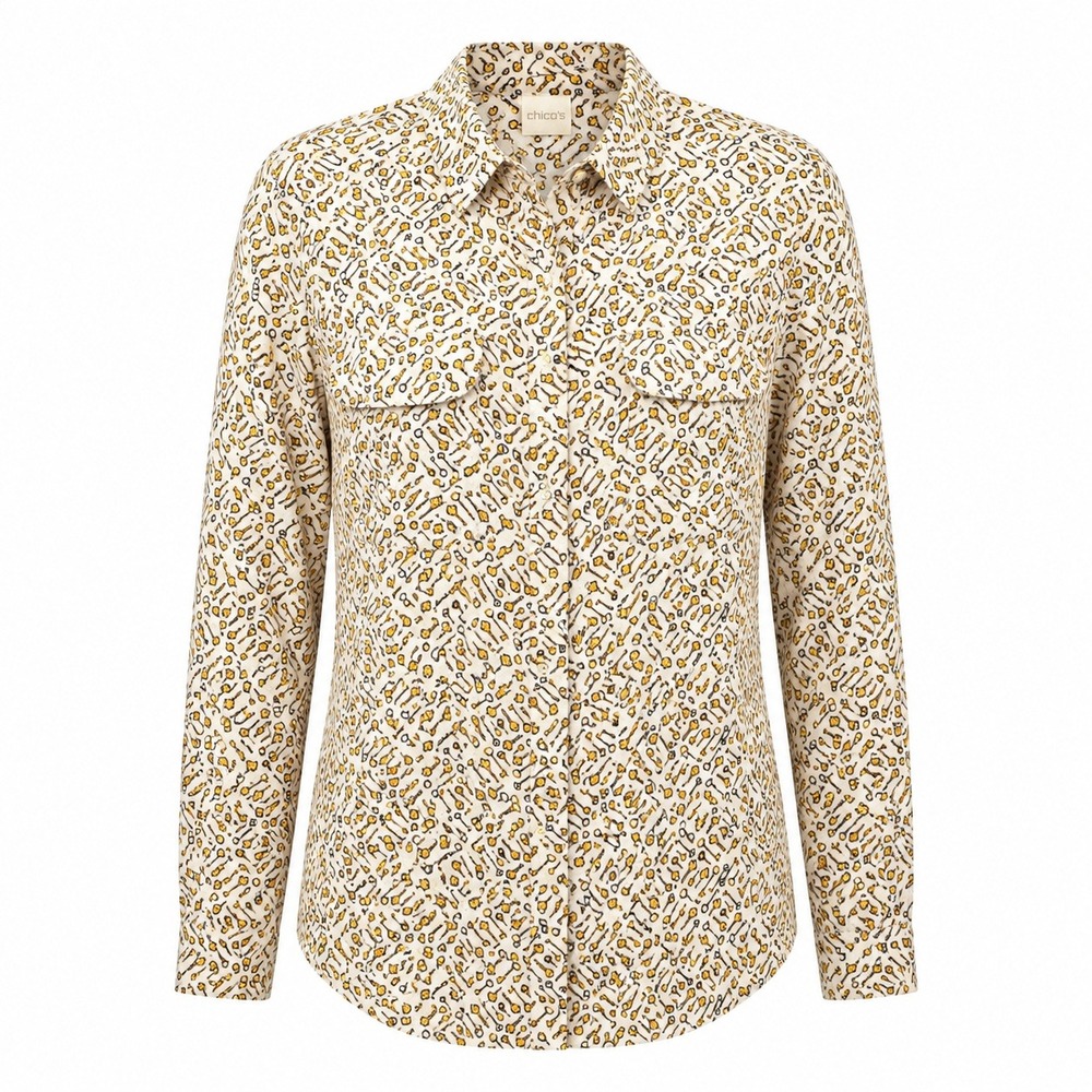 Chicos Size 1 Dark Academia Key Print Button Shirt Women Medium Whimsy Preppy